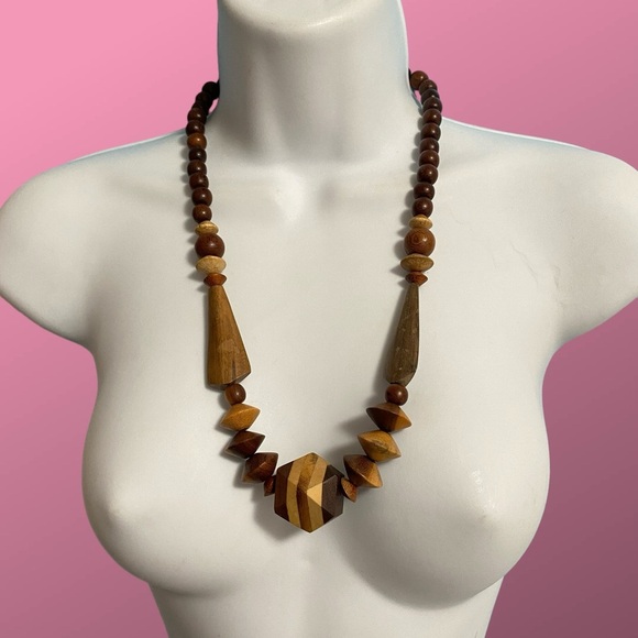 Vintage Chunky Wood Beads Necklace Boho Tribal Style - Picture 1 of 8